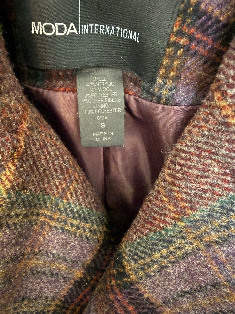 Moda International Wool Plaid Double-Breasted Peacoat in Plum/Brown - Picture 7 of 9
